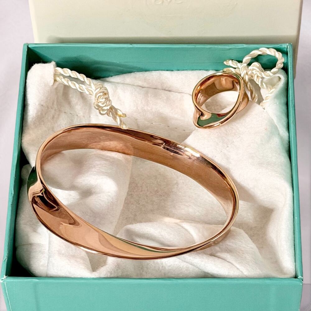 Milor Italy Bronze Rose Gold Mobius Bangle Bracelet Ring Set Dust Bag Box Size 6